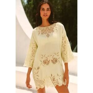 Anthropologie Celandine Linen Lace Mini T-Shirt Dress in Chartreuse S NWT $168